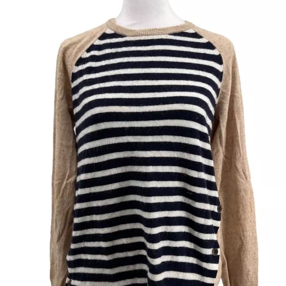 J Crew striped button flap wool pullover sweater elbow patches tan womens size M - Picture 10 of 13